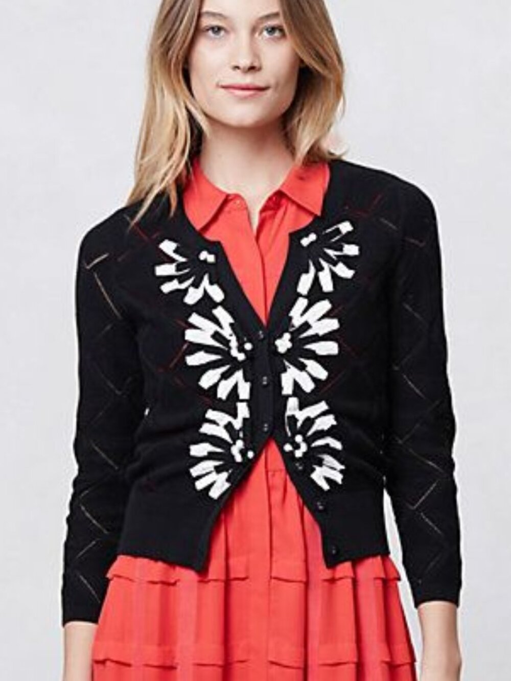 Anthropologie Floral Stack Cardigan Black Sweater with White Floral Appliques